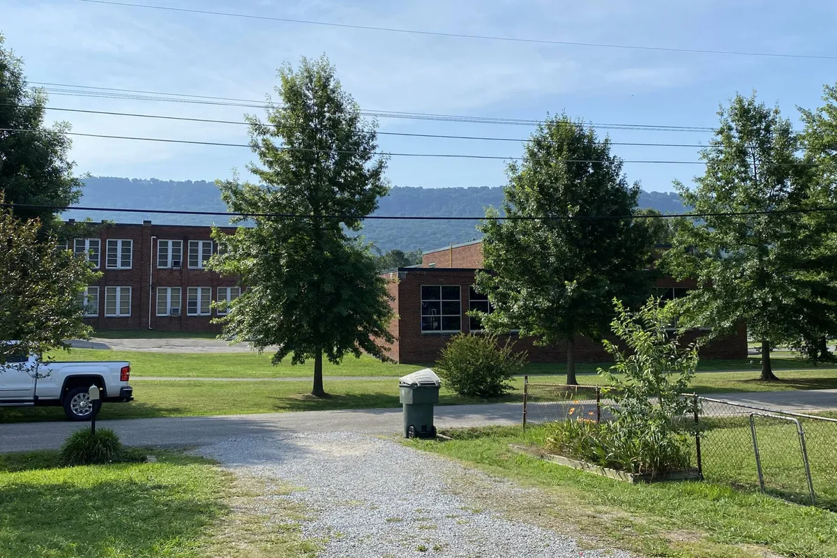 A serene community space lined with mature trees, buildings in the background, and mountains visible beyond. The area is perfect for walking, picnicking, and community gatherings—ideal for both energetic pets and kids.